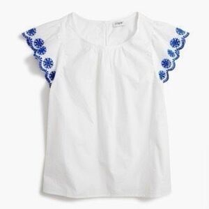 J. Crew White Blouse with Blue Embroidery